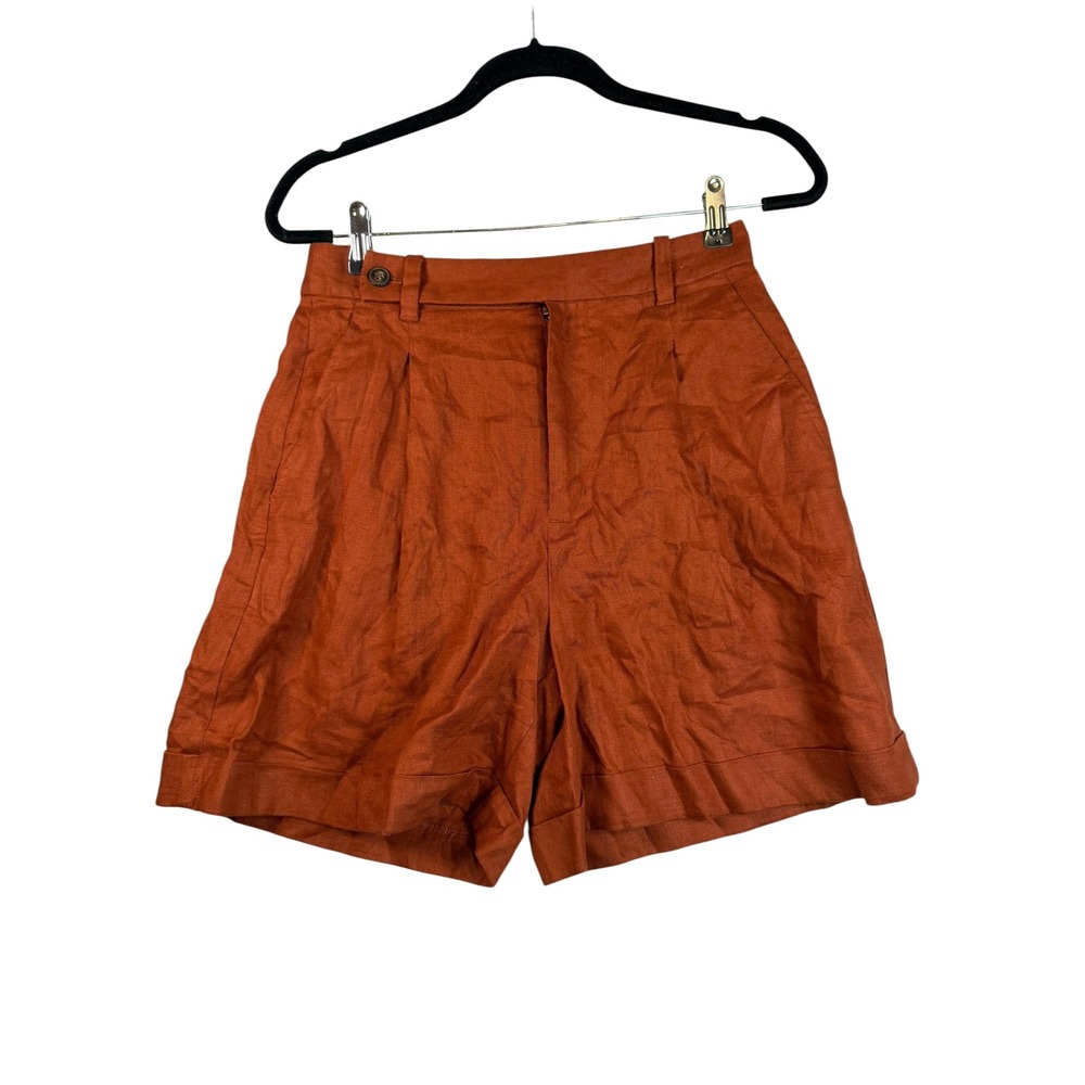 Madwell Women 2 Rust Orange 100% Linen Pleated High Waist Cuffed Shorts